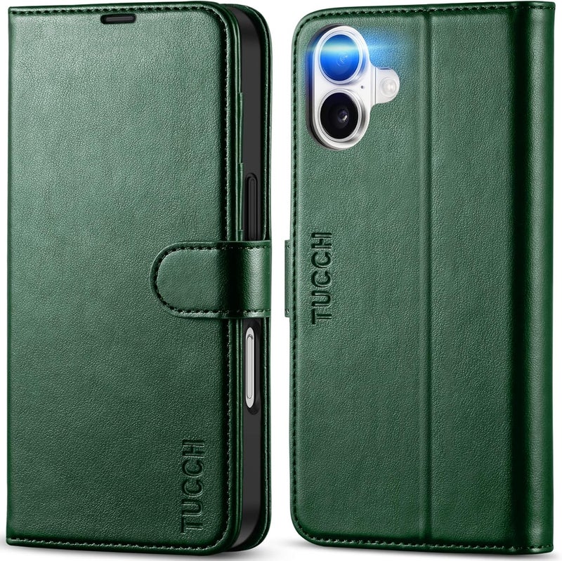 TUCCH Case Wallet for iPhone 16, Protective [TPU Shockproof Inner Shell], Kickstand PU Leather RFID Blocking [4 Card Holder] Magnetic Closure Cover Compatible with iPhone 16 5G, Green - Image 1